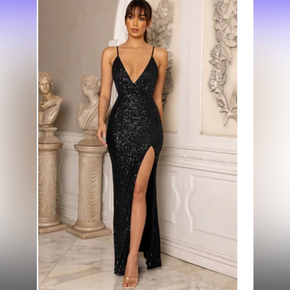 A exquisite | Black Sequin Wrap Front Maxi With Side Split 
US 4 /